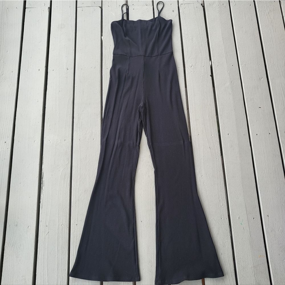 Reformation Black Ribbed‎ Knit Flared Jumpsuit Large